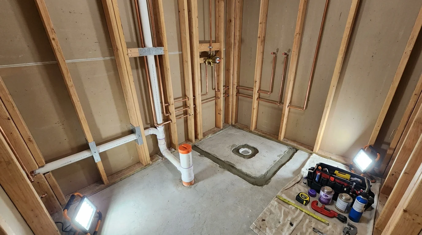 Bathroom rough-in plumbing during remodel by Johns Plumbing LLC in Moraga