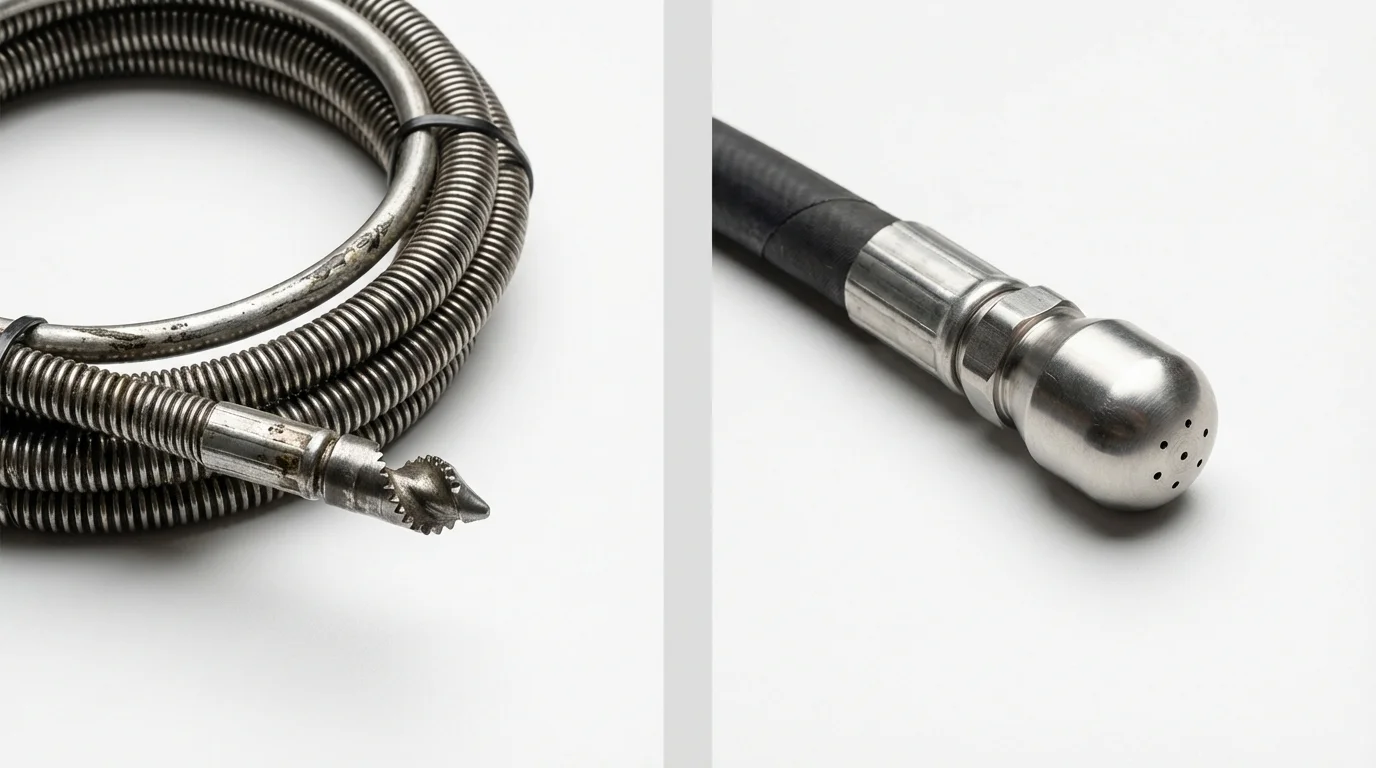 Drain snake cable and hydro jetting nozzle used for drain cleaning in Moraga, CA