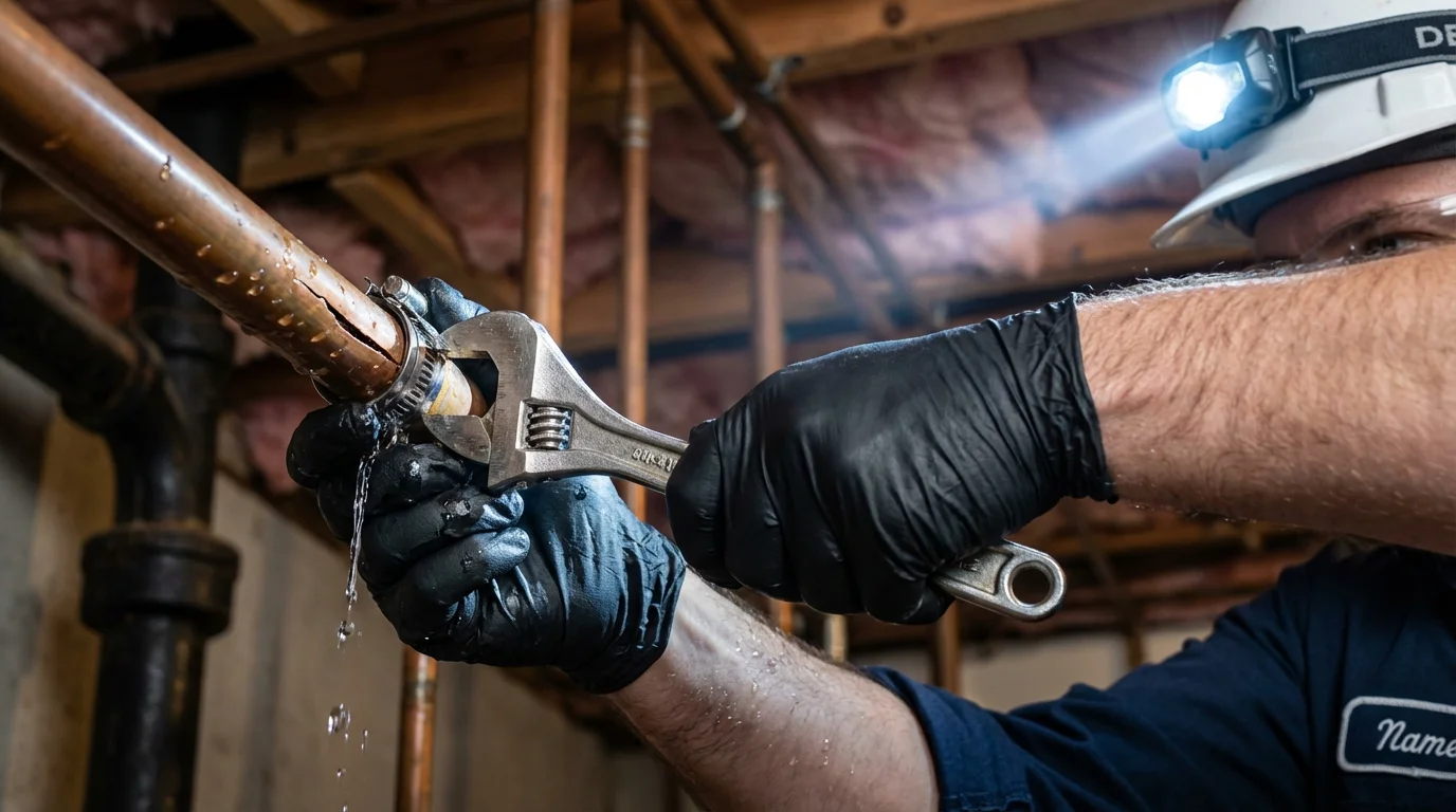 Emergency pipe clamp repair being performed by a Johns Plumbing LLC plumber in Moraga