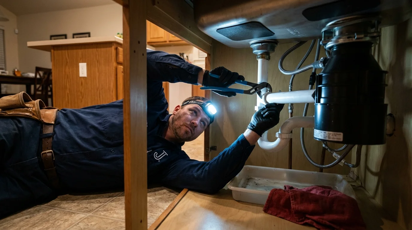P-trap and supply line connections under a kitchen sink showing a common leak point in Moraga, CA